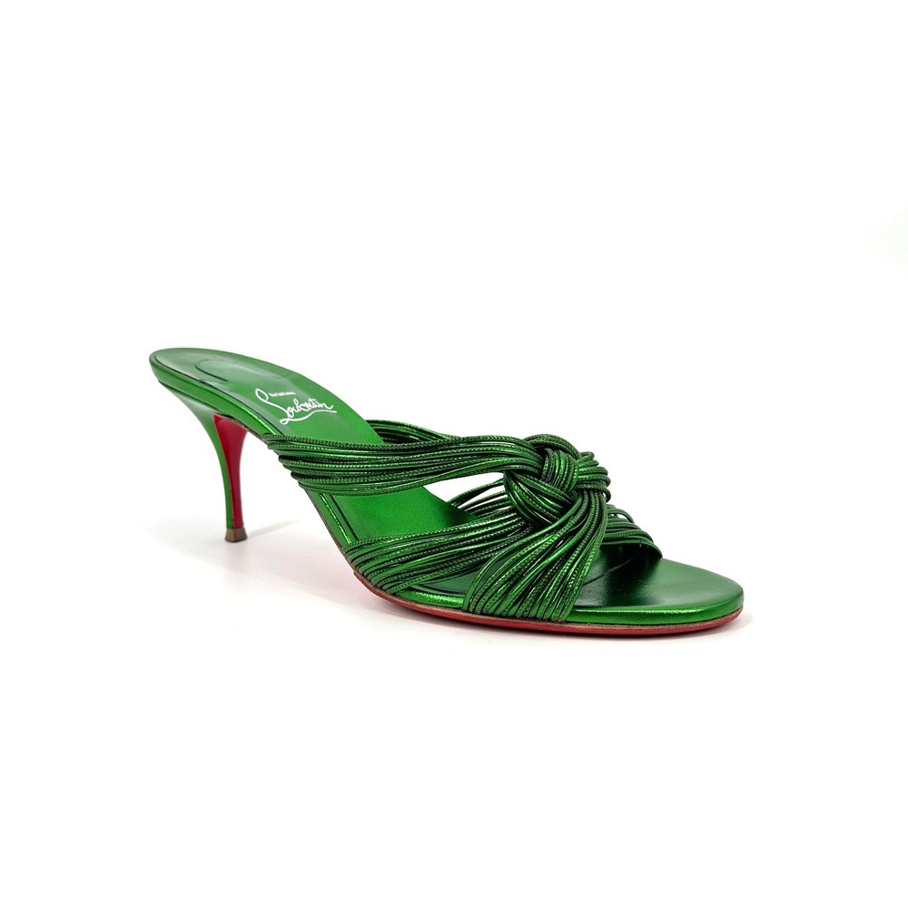 Christian Louboutin Multitaski 70 Metallic Green Calfskin Strappy Mule Heel 40.5